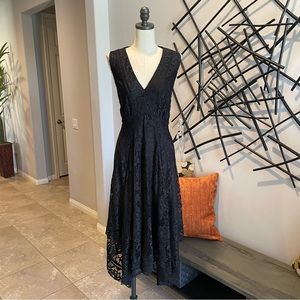 Black, V-Neck, Lace, Handkerchief Hem Dress